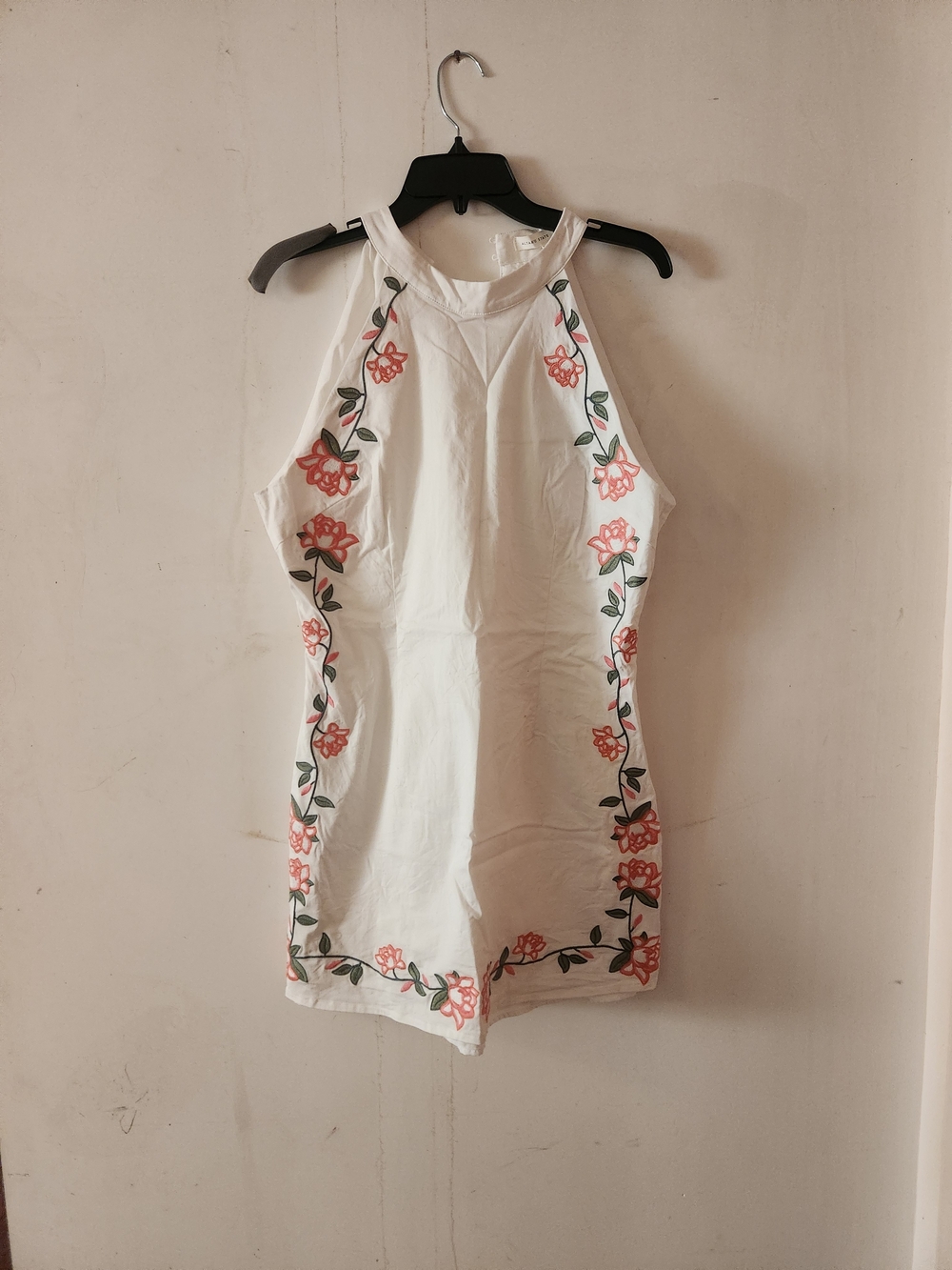 Altar'd State White Halter Mini Dress with Coral Floral Embroidery